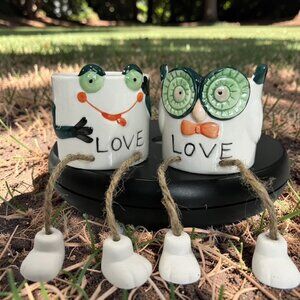 Set of 2 Small Glazed Ceramic Frog Planters w/ Hanging Legs Mr. and Mrs.